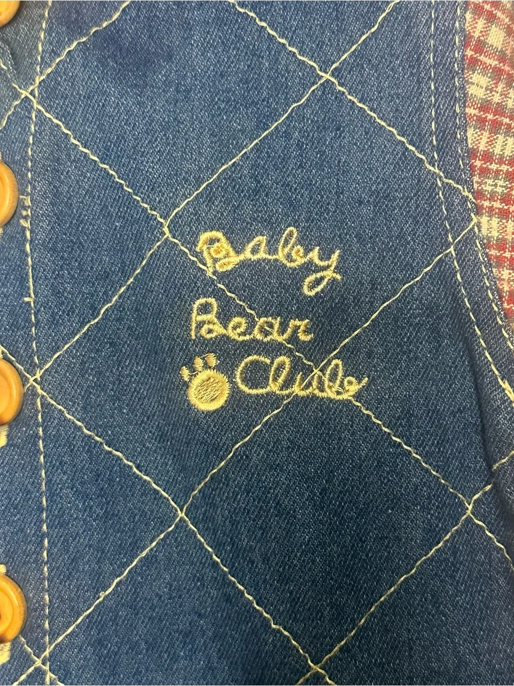 Vintage Baby Bear Club Denim Romper with Plaid Accents - Blue